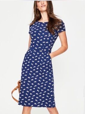 Boden Pheobe Jersey Dress Horse Print Dress Navy Blue Equestrian Size 6 petite